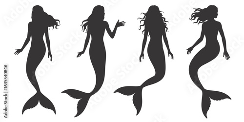 UntitledVector art of a captivating collection of mermaid silhouettes isolated on white background, each embodying the enchanting allure and graceful beauty of these mythical sea creatures in various 
