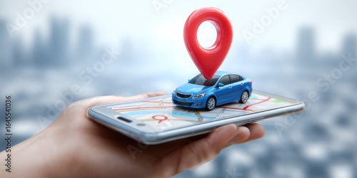 Mobile application showcases car navigation with map and location marker during daytime in urban environment