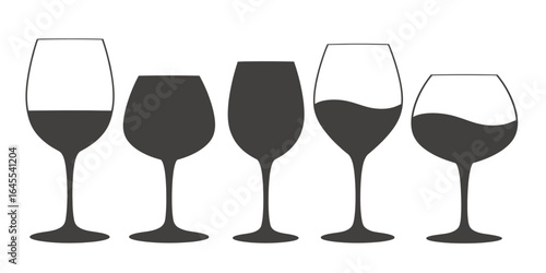 UntitledVector art of five wine glasses with varying levels of wine, showcasing different volumes and shapes, isolated on white background, perfect for illustrating wine tasting or social gatherings