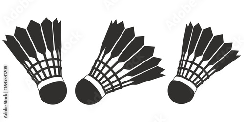 UntitledVector art of three shuttlecocks in a dynamic arrangement, representing the sport of badminton, isolated on white background, showcasing the equipment used in this recreational activity