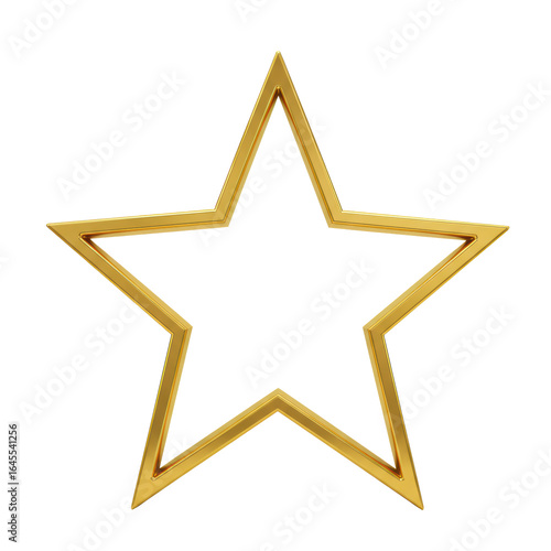 A pristine, polished, reflective, three-dimensional golden star frame, isolated on a stark white background with ample negative space, studio shot, concept of excellence and premium quality