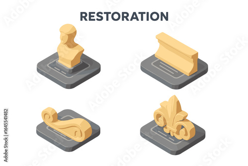 3D restoration icon set. Isometric vector illustration of 3D-printed parts for art and architectural conservation. Includes statue fragment, bust, molding, and ornament.