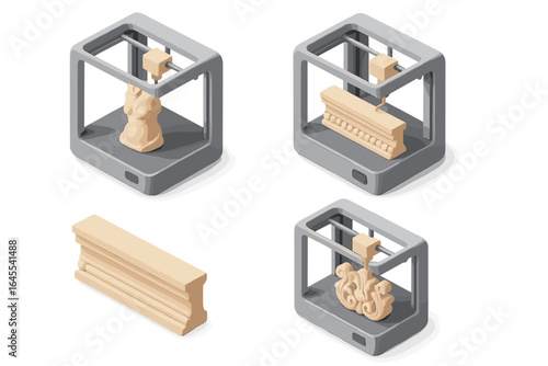 3D printer restoration icon set. Isometric concept of cultural heritage conservation technology. Printing antique statue fragment, decorative molding, and ornamental rococo part.