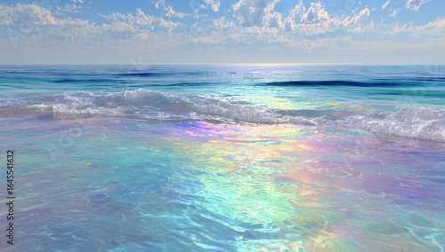 Iridescent ocean waves gently lapping the shore under a bright, partly cloudy sky