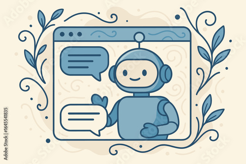 AI chat window vector with cute robot. Decorative cartoon illustration of artificial intelligence text dialogue. Chatbot technology for customer support, online assistance, faq.