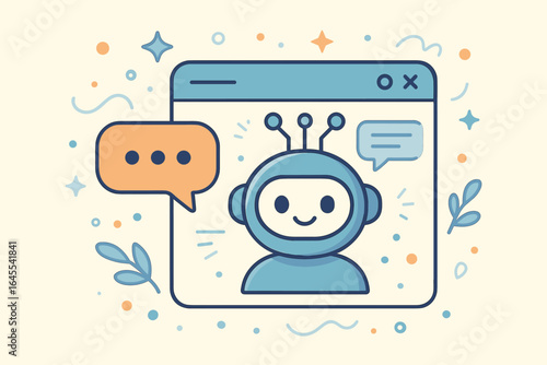 Cute chatbot robot icon in browser window. AI virtual assistant for customer support. Online conversation tech. Artificial intelligence dialogue concept vector illustration.