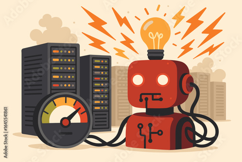 Artificial intelligence energy consumption concept. AI robot using excessive power from data center server farm. Machine learning electricity usage and carbon footprint.