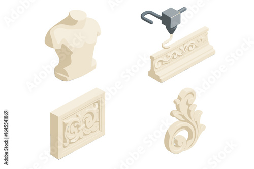 3D printing restoration icon set. Isometric vector illustration of creating decorative architectural elements. Additive manufacturing of statue, molding, and ornamental details.