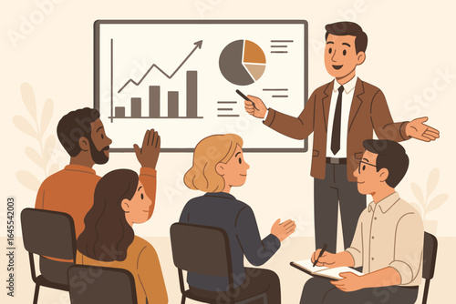 Business training course with a diverse audience. A man presenting a financial growth chart on a whiteboard. Corporate seminar and workshop concept. Vector cartoon illustration.