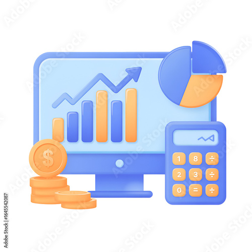 Finance analytics with computer, chart, calculator, and coins 3D illustration  

