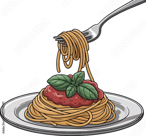 Fork Twirling Spaghetti with Tomato Sauce and Basil on Plate, Italian Pasta Illustration