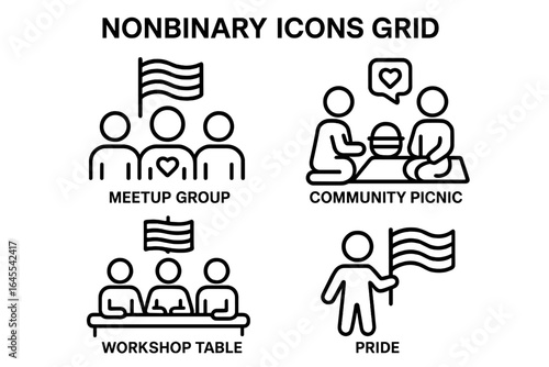 Nonbinary community icon set. Outline icons for meetup group, workshop, picnic, and pride. Vector symbols for gender identity, LGBTQIA+ support, inclusion, diversity.