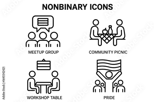 Nonbinary community icon set. Gender identity outline icons for meetup group, workshop, picnic, and pride parade. LGBTQIA+ inclusion and support symbol collection. Vector.