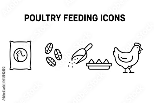 Poultry feeding icon set for agriculture and farming. Simple line art illustration of a chicken, feed sack, grain, scoop, and trough. Vector livestock concept.