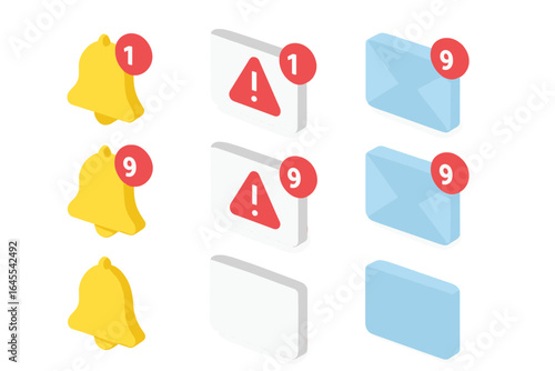 Isometric notification icon set with bell, alert popup, and unread message badge. Vector illustration concept of new email, social media alert overload, and counter for mobile apps.