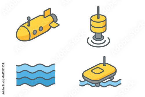 Oceanographic drone icon set. Isometric icons for marine research. Underwater AUV submarine, surface USV boat, sonar buoy, and water waves. Vector technology symbols.