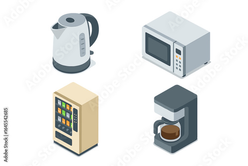 Office breakroom isometric icon set with kitchen appliances. Vector graphic of electric kettle, microwave, vending machine, and coffee maker for a business coffee break.