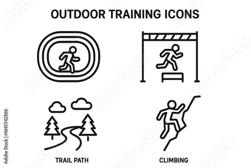 Outdoor training and sports icon set. Thin line vector icons for fitness activities like running, trail path, rock climbing, and hurdles. Active lifestyle concept symbols.