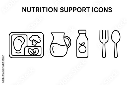 Nutrition support icons. Outline icon set of a meal tray with a balanced meal, water jug, juice bottle, and cutlery. Vector for dietetics, healthcare, and food service.