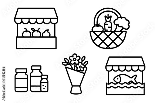 Farmers market outline icon set. Vector illustrations of local food stands, including fruit, vegetable basket, fish stall, flowers, and spices. Simple line art symbols.