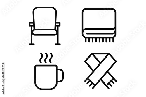 Outdoor stadium spectator comfort icon set. Vector line art for cold weather events. Includes stadium seat, warm lap blanket, hot beverage mug, and winter scarf.
