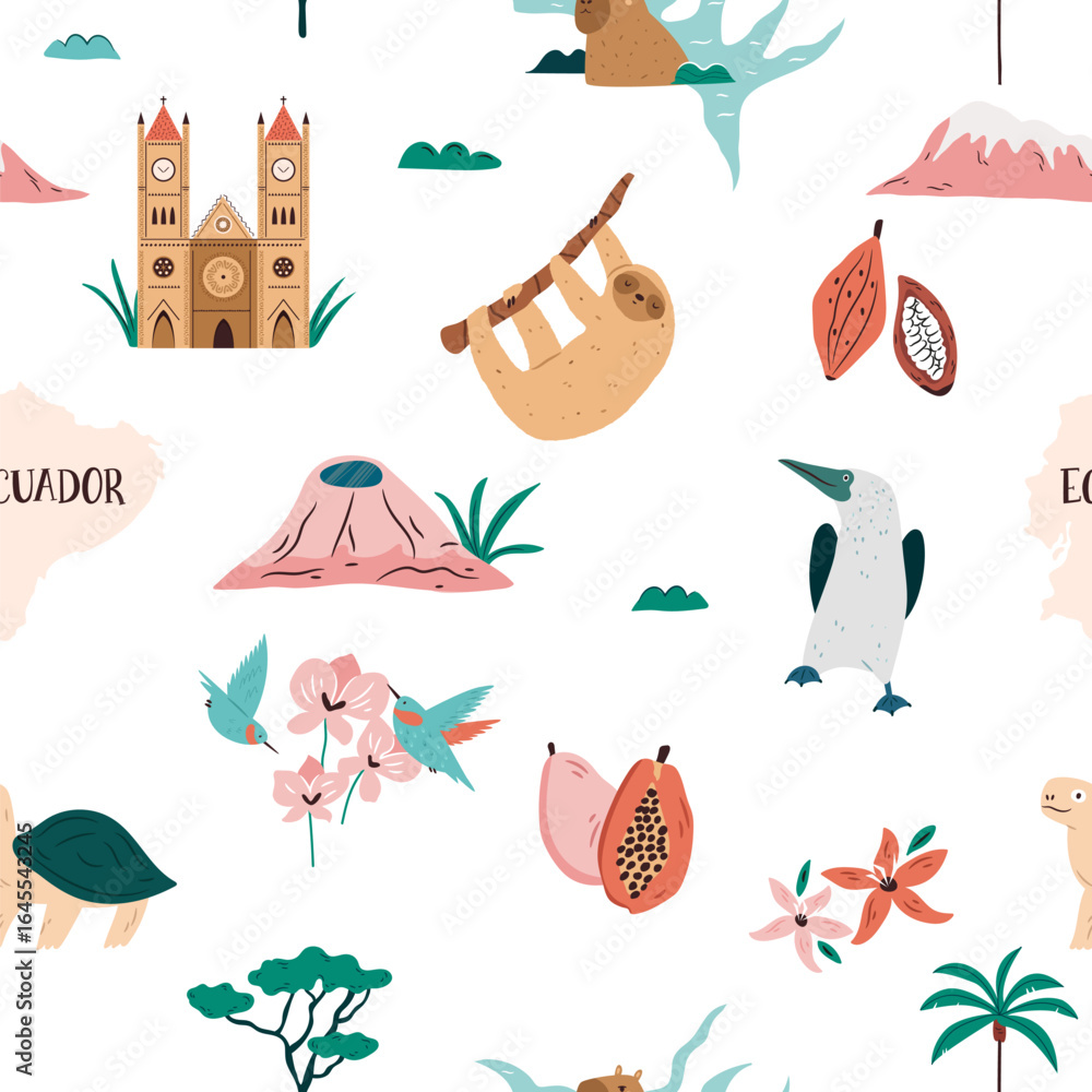 Naklejka premium Ecuador seamless patterns with landmarks, animals and famous places in flat cartoon vector style on white background