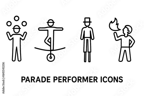Parade performer and circus artist line icon set. Includes juggler, unicyclist on wire, stilt walker, and fire breather. Street festival and carnival entertainment icons.