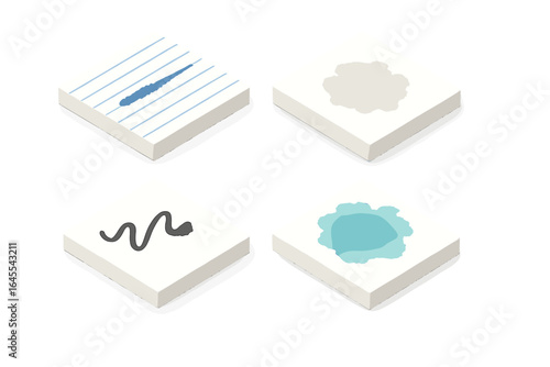 Paper textures isometric icon set. Vector illustration of ink and watercolor effects. Lined paper with ink bleed, watercolor paper blot, and squiggle mark icons.
