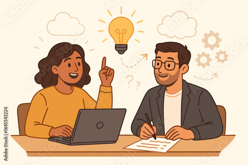 Office people idea concept. Two businesspeople, IT workers or developers brainstorming. Creative work on new ideas, innovation, problem solving and corporate teamwork.