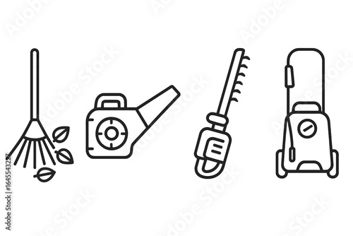 Garden tools icon set. Outdoor cleaning line icons. Leaf rake, leaf blower, hedge trimmer, pressure washer. Landscaping and yard work symbols. Vector outline illustration.