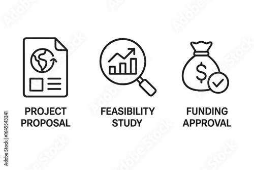 Offset project lifecycle icons. Business development stages from project proposal and feasibility study to funding approval. Financial investment and management vector symbols.