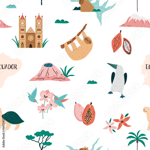 Ecuador seamless patterns with landmarks, animals and famous places in flat cartoon vector style on white background