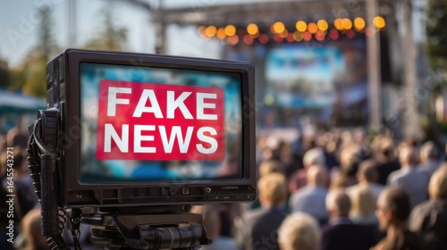 Television broadcast highlighting fake news during a public event in an outdoor setting with a large audience