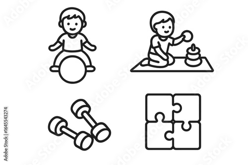 Pediatric therapy line icon set. Occupational & physical therapy for child development & rehabilitation. Vector icons of child on therapy ball, puzzle for autism & special needs.