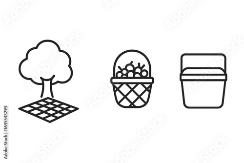 Picnic outline icon set. Summer park recreation symbols. Includes shaded spot with tree and blanket, fruit basket, and insulated cooler. Vector graphic for outdoor dining.