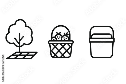 Picnic icon set. Line art vector illustration. Summer, outdoors, park, leisure concept. Includes picnic spot, tree, blanket, basket of berries, food, insulated cooler box.