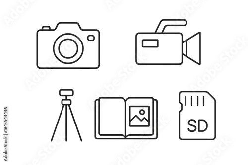 Photography equipment line icon set. Vector symbols for photographer and videographer. Includes camera, camcorder, tripod, photo album, and SD memory card. Minimalist design.