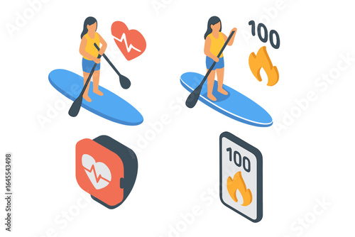 Isometric paddleboarding fitness icon set with woman on SUP board. Health benefits concept with heart rate monitor and calorie counter app on smartwatch. Vector sport activity.