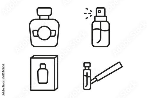Perfume icon set with 4 outline icons. Fragrance collection with bottle, spray, packaging box, and tester vial. Linear vector illustration for beauty and cosmetics.