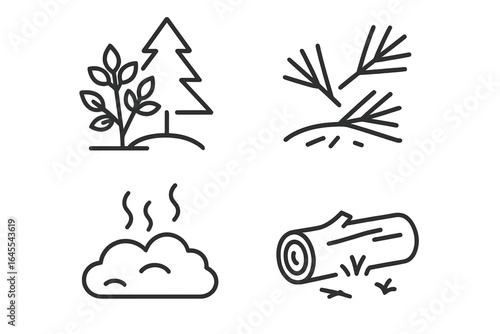Pine forest ecosystem outline icon set. Linear vector icons of understory shrub, forest floor with pine needles, moss patch, and fallen log. Nature and environment concept.
