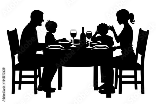 Family dinner table silhouette vector illustration