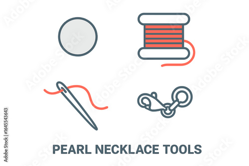Pearl necklace tools icon set for jewelry making. Craft supplies for stringing cultured pearls, including silk thread, beading needle, and clasp. Flat vector illustration.