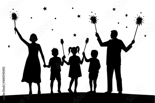 Family holding sparklers under starry sky silhouette vector illustration