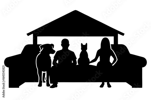 Family dog cat sofa house roof silhouette vector illustration