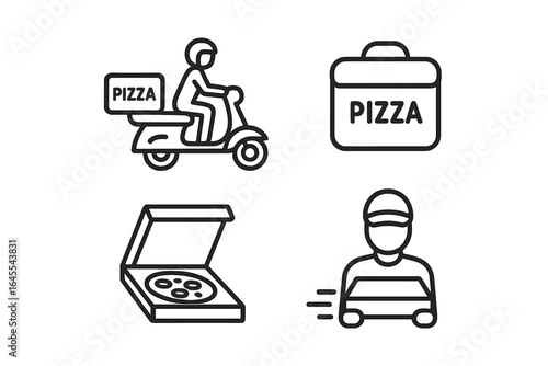 Pizza delivery icon set of 4. Fast food service outline icons. Includes scooter courier, insulated thermal bag, open pizza box, and car delivery symbol for apps.