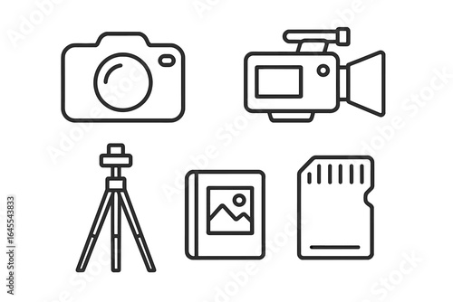 Photography and videography line icon set. Photo camera, video camera, tripod, photo album, memory card. Professional equipment for photographer. Editable stroke vector icons.