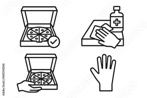 Pizza delivery safety outline icon set. Food handling hygiene, sanitizing box with disinfectant wipe, gloved hand. Contactless delivery, takeaway vector illustration.