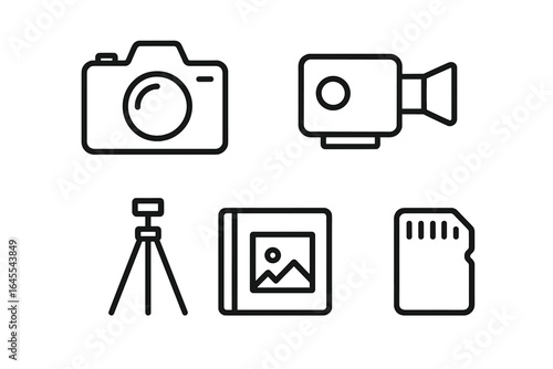 Photography and videography line icon set. Camera, video recorder, tripod, photo album, memory card. Simple minimalist symbols for photographer equipment, filmmaking gear.