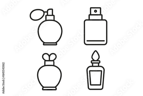 Perfume bottle icon set. Vector outline illustration of fragrance containers. Includes atomizer bulb, spray nozzle, and decorative glass stopper. Beauty and cosmetics concept.