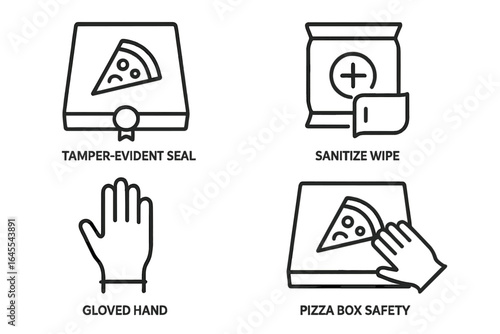 Pizza delivery safety icons. Outline icon set for food hygiene. Includes tamper-evident seal, sanitize wipe, and gloved hand for contactless service. Vector illustration.